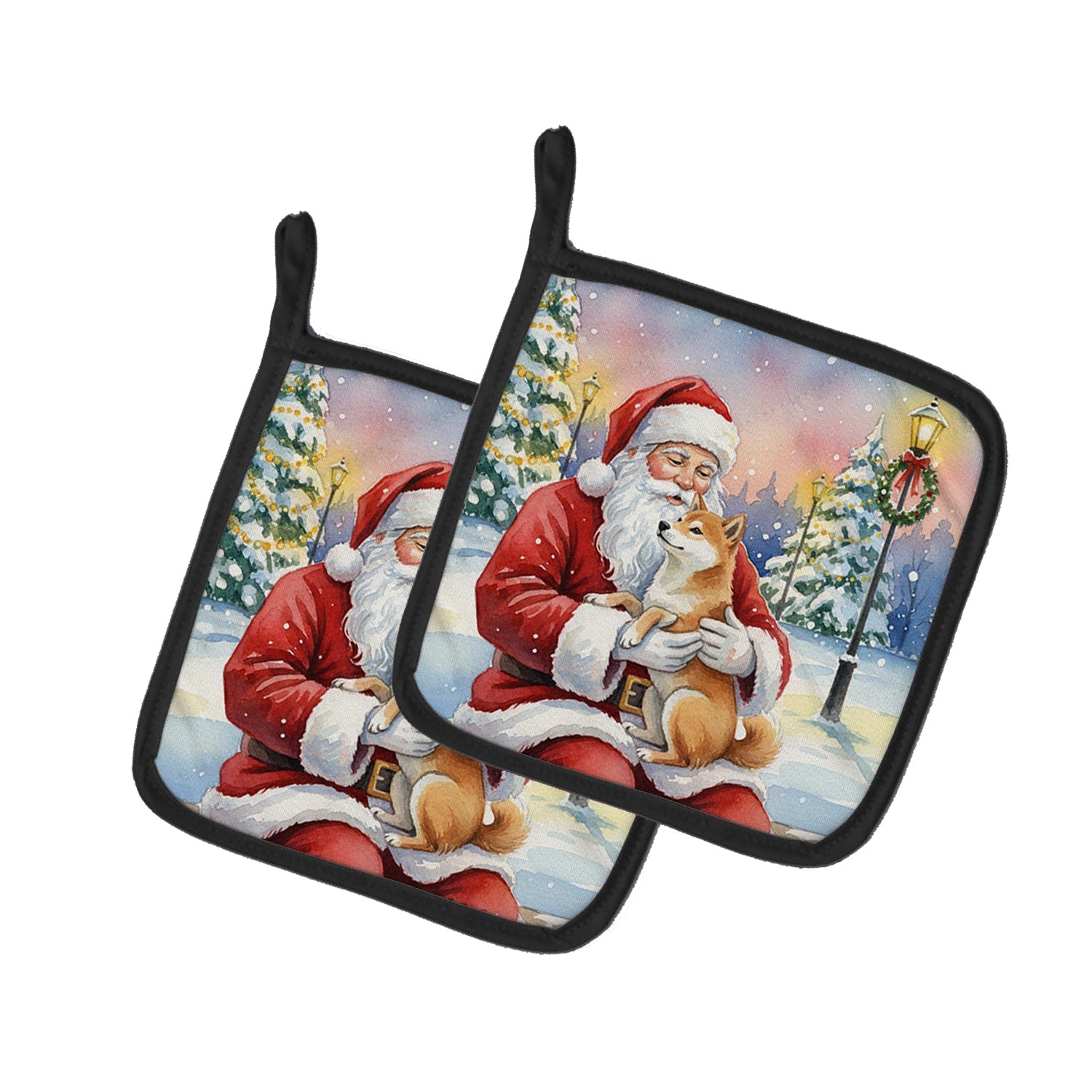 Shiba Inu with Santa Claus Pot Holder Set of 2 Heat Resistant Quilted Hot Pads 7.5 x 7.5 Inch, Insulated Kitchen Trivets for Cooking & Baking