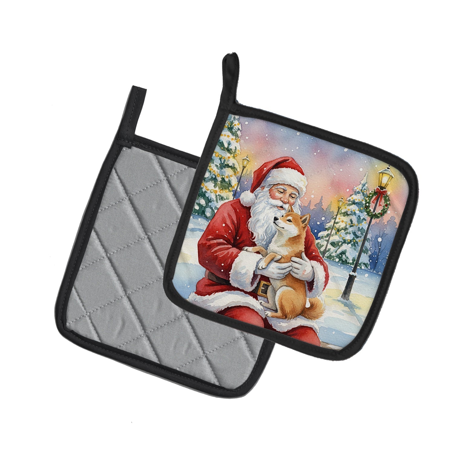 Shiba Inu with Santa Claus Pot Holder Set of 2 Heat Resistant Quilted Hot Pads 7.5 x 7.5 Inch, Insulated Kitchen Trivets for Cooking & Baking