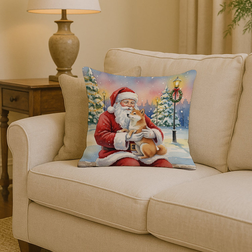 Shiba Inu with Santa Claus Decorative Throw Pillow 14x14 Indoor Outdoor Accent Cushion, Fabric Cover with Insert for Sofa, Bed, Porch & Living Room