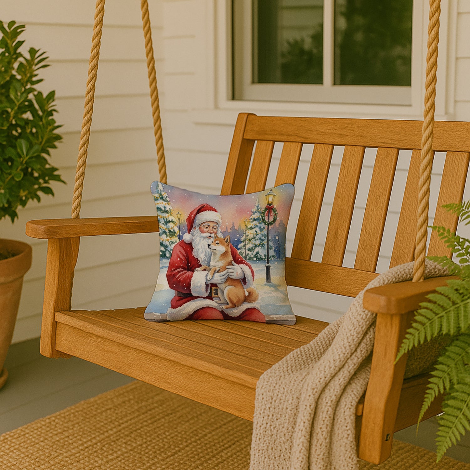 Shiba Inu with Santa Claus Decorative Throw Pillow 14x14 Indoor Outdoor Accent Cushion, Fabric Cover with Insert for Sofa, Bed, Porch & Living Room