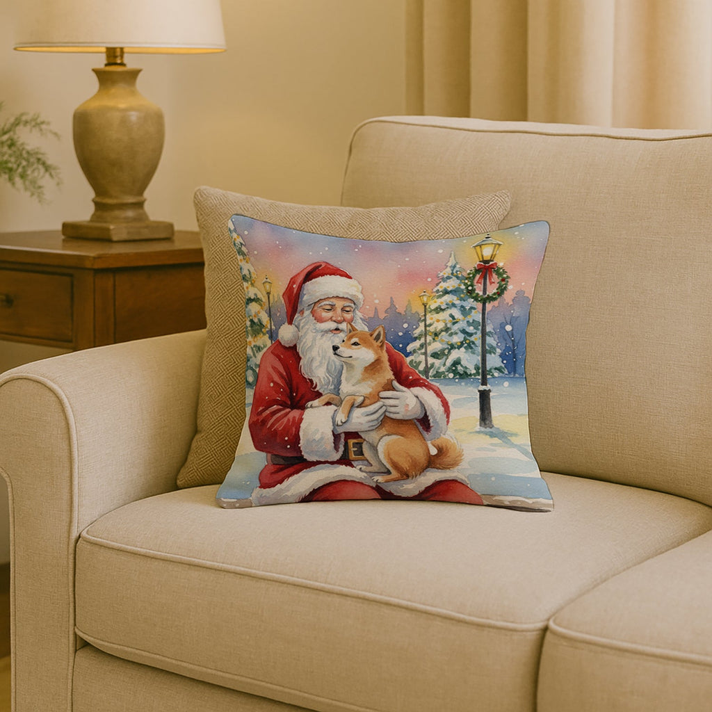 Shiba Inu with Santa Claus Decorative Throw Pillow 18x18 Indoor Outdoor Accent Cushion, Fabric Cover with Insert for Sofa, Bed, Porch & Living Room