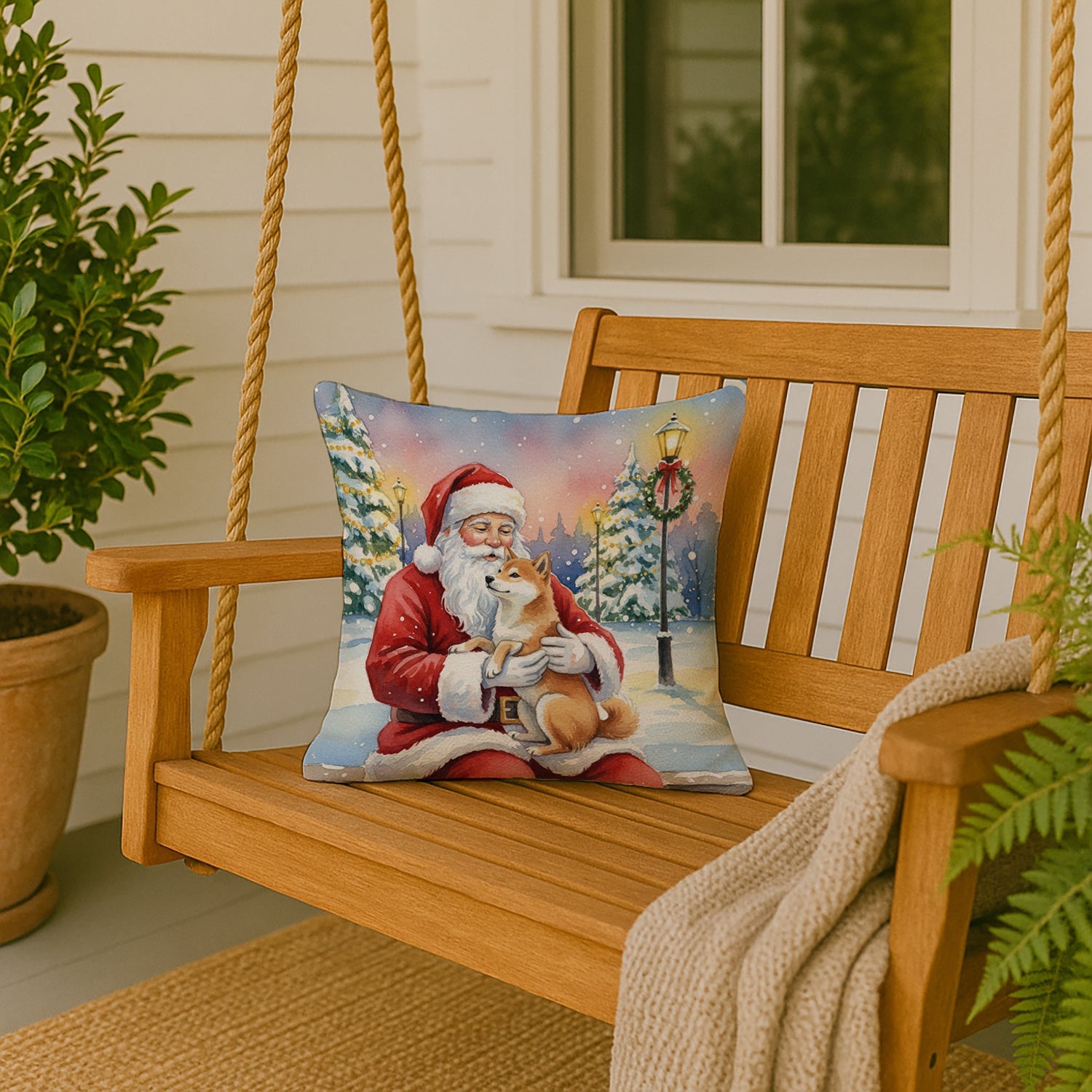 Shiba Inu with Santa Claus Decorative Throw Pillow 18x18 Indoor Outdoor Accent Cushion, Fabric Cover with Insert for Sofa, Bed, Porch & Living Room