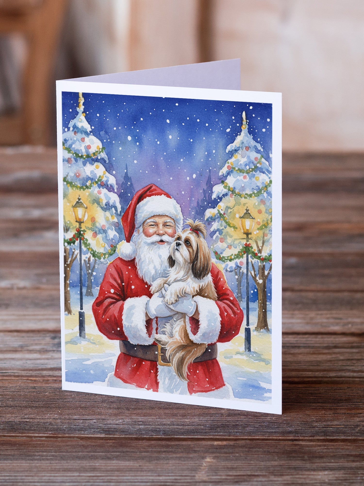 Shih Tzu with Santa Claus Greeting Cards Pack of 8 Blank Cards with Envelopes Whimsical A7 Size 5x7