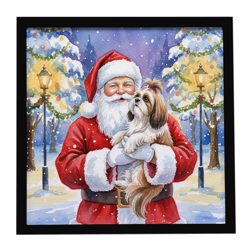 Shih Tzu with Santa Claus Framed Metal Print Bathroom, Kitchen, Office, Home Decor Wall Art Ready to Hang, Square, 8X8