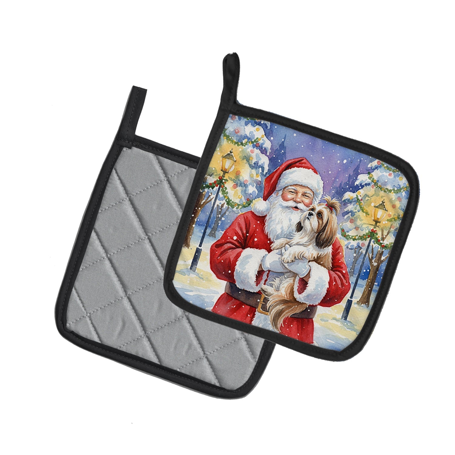 Shih Tzu with Santa Claus Pot Holder Set of 2 Heat Resistant Quilted Hot Pads 7.5 x 7.5 Inch, Insulated Kitchen Trivets for Cooking & Baking