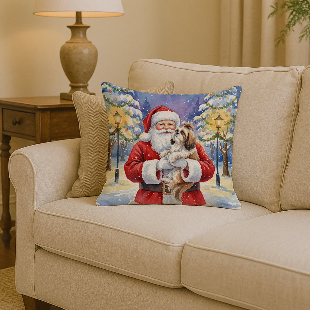 Shih Tzu with Santa Claus Decorative Throw Pillow 14x14 Indoor Outdoor Accent Cushion, Fabric Cover with Insert for Sofa, Bed, Porch & Living Room