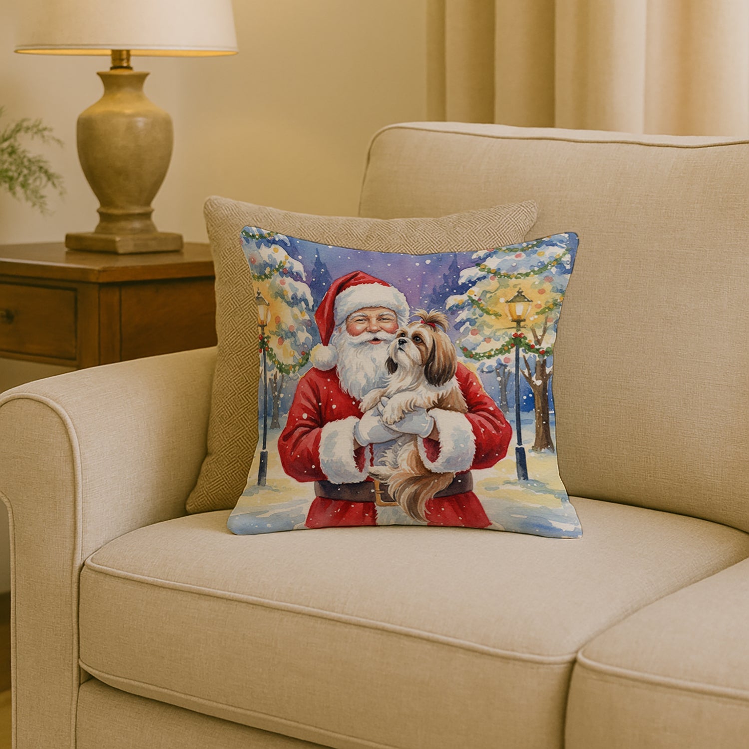 Shih Tzu with Santa Claus Decorative Throw Pillow 18x18 Indoor Outdoor Accent Cushion, Fabric Cover with Insert for Sofa, Bed, Porch & Living Room