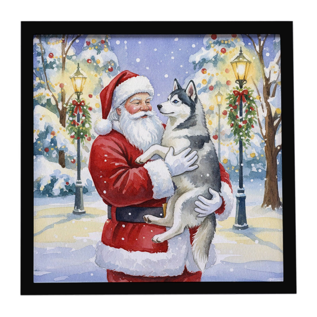 Siberian Husky with Santa Claus Framed Metal Print Bathroom, Kitchen, Office, Home Decor Wall Art Ready to Hang, Square, 8X8
