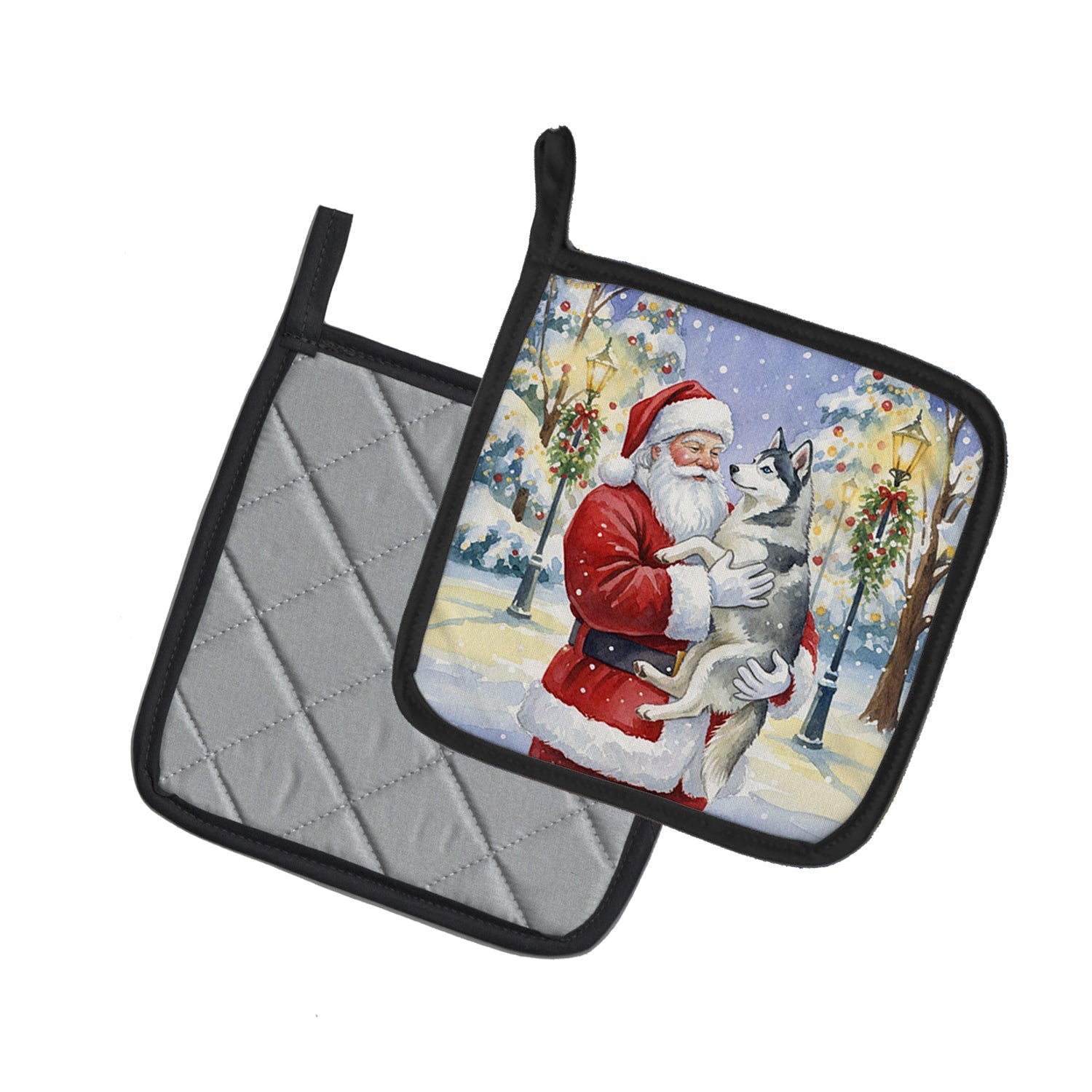 Siberian Husky with Santa Claus Pot Holder Set of 2 Heat Resistant Quilted Hot Pads 7.5 x 7.5 Inch, Insulated Kitchen Trivets for Cooking & Baking