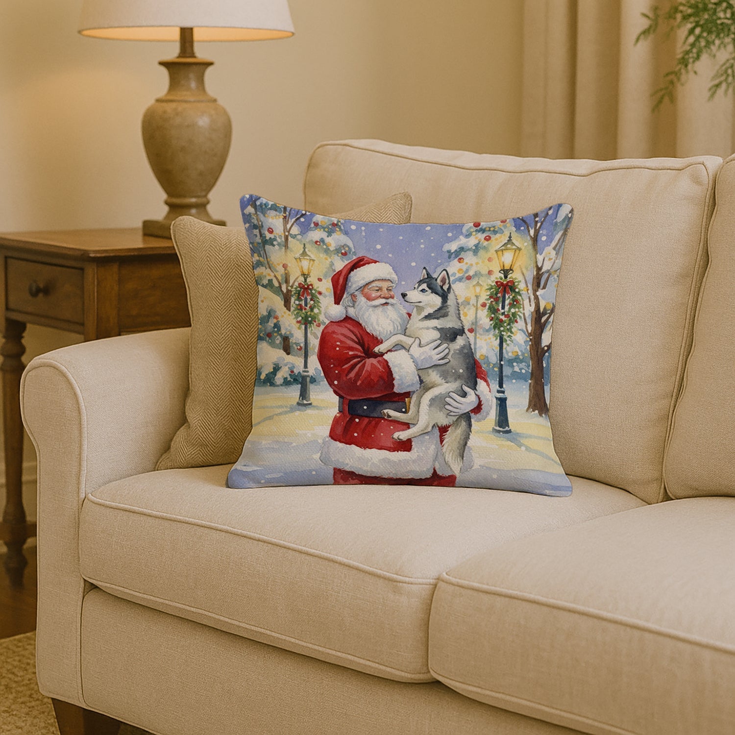 Siberian Husky with Santa Claus Decorative Throw Pillow 14x14 Indoor Outdoor Accent Cushion, Fabric Cover with Insert for Sofa, Bed, Porch & Living Room