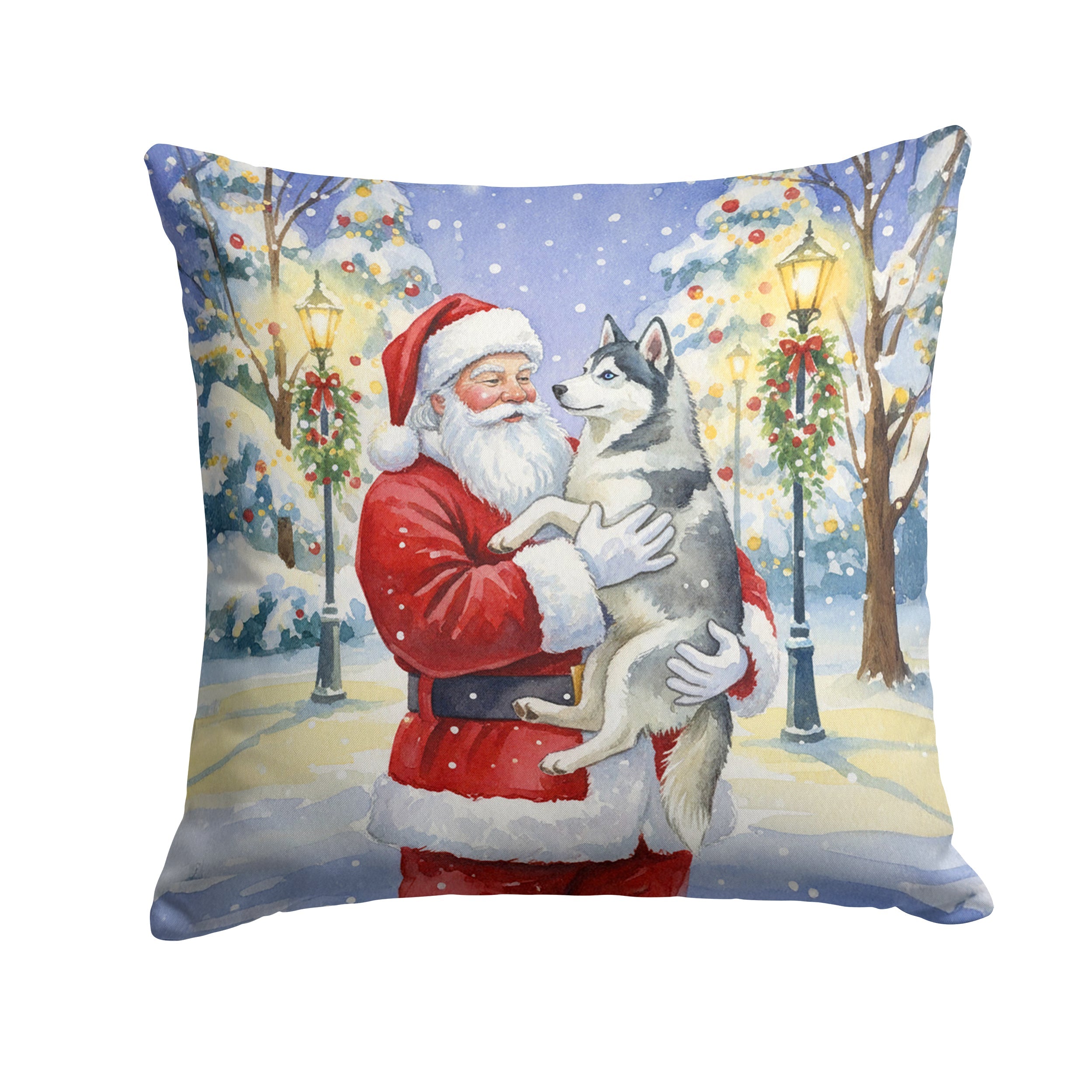 Siberian Husky with Santa Claus Decorative Throw Pillow 18x18 Indoor Outdoor Accent Cushion, Fabric Cover with Insert for Sofa, Bed, Porch & Living Room