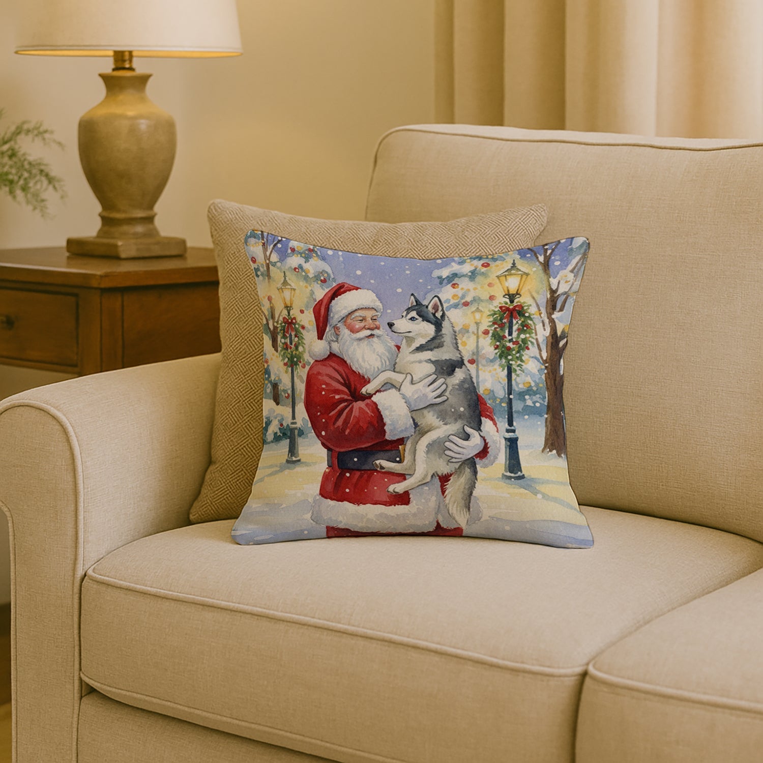 Siberian Husky with Santa Claus Decorative Throw Pillow 18x18 Indoor Outdoor Accent Cushion, Fabric Cover with Insert for Sofa, Bed, Porch & Living Room
