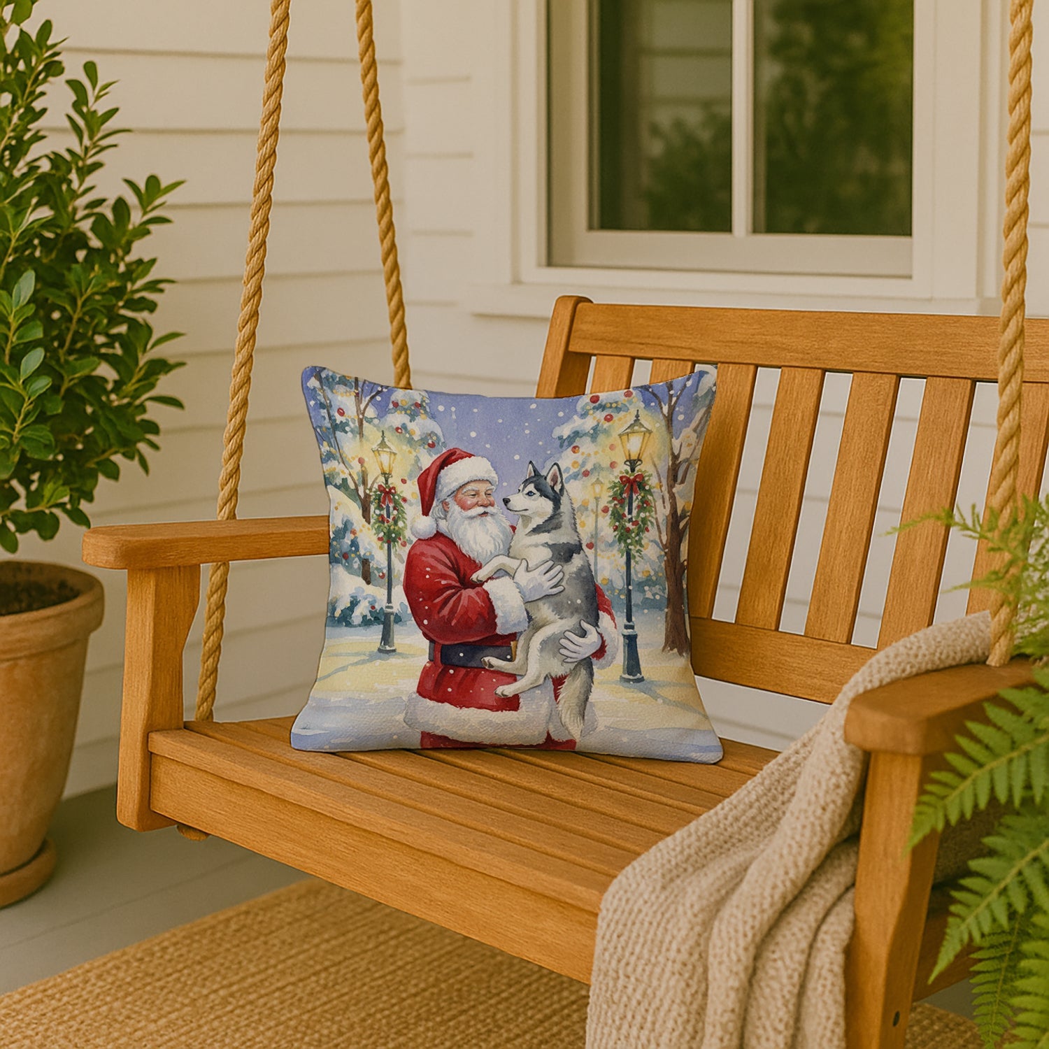 Siberian Husky with Santa Claus Decorative Throw Pillow 18x18 Indoor Outdoor Accent Cushion, Fabric Cover with Insert for Sofa, Bed, Porch & Living Room