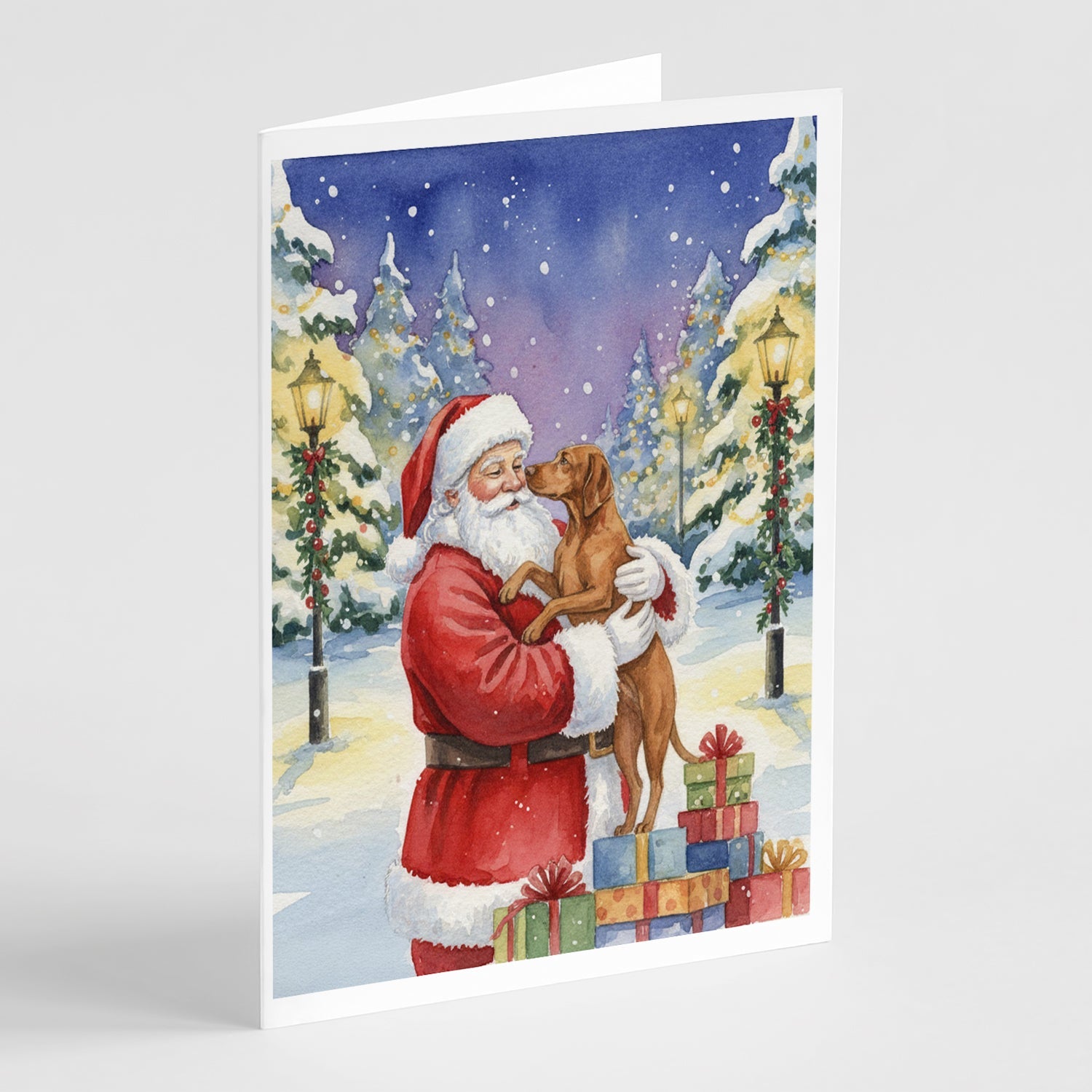 Vizsla with Santa Claus Greeting Cards Pack of 8 Blank Cards with Envelopes Whimsical A7 Size 5x7