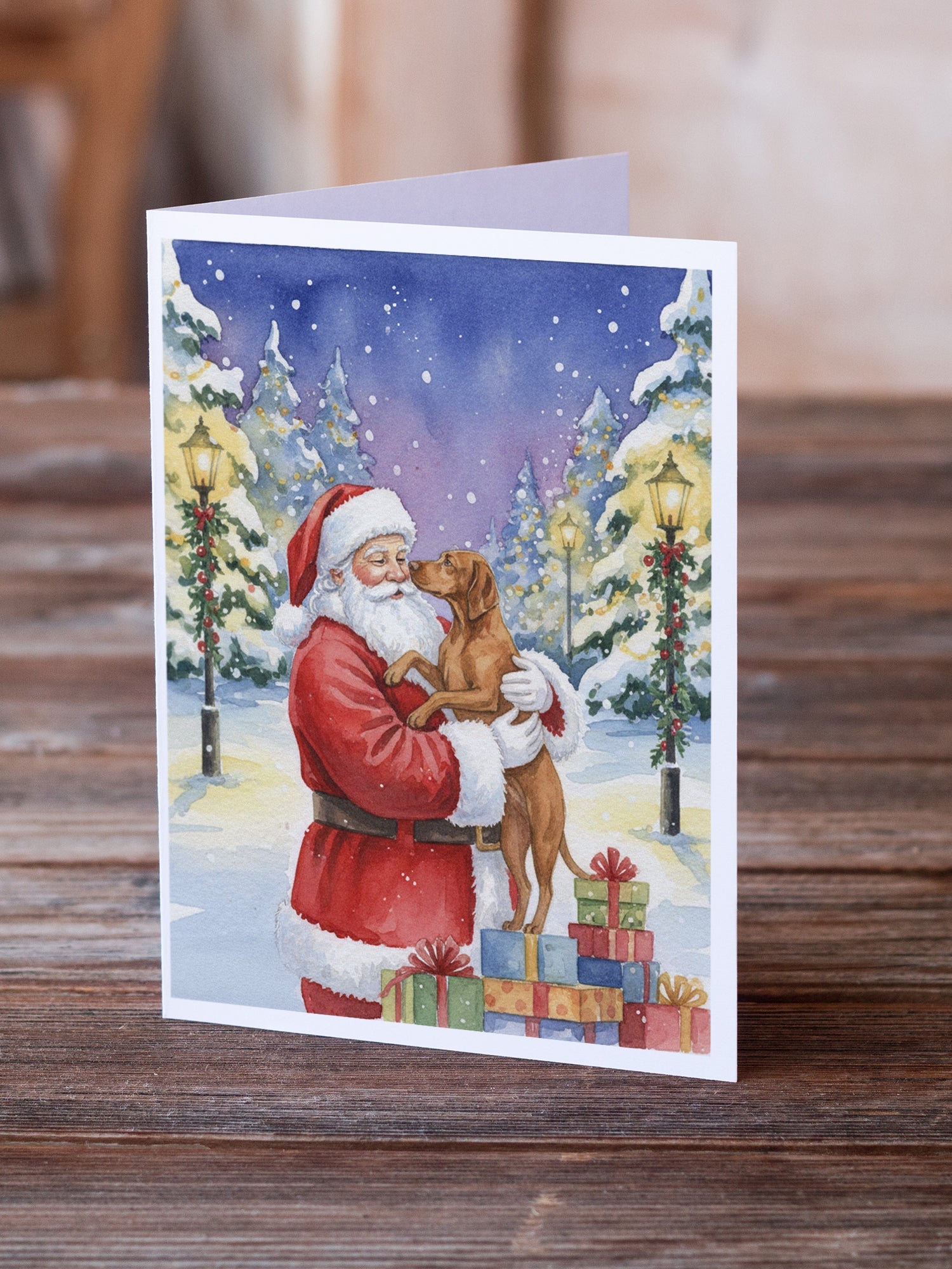 Vizsla with Santa Claus Greeting Cards Pack of 8 Blank Cards with Envelopes Whimsical A7 Size 5x7