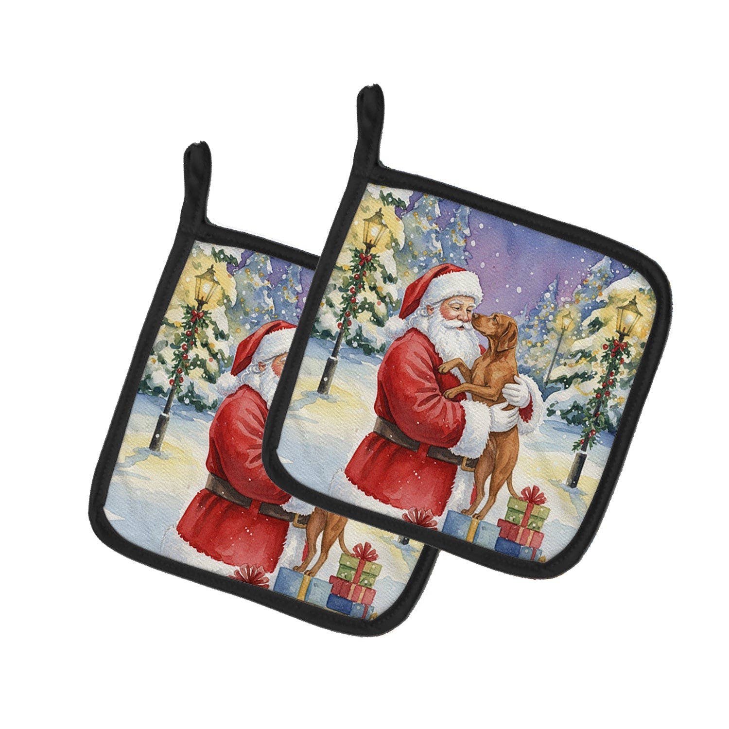 Vizsla with Santa Claus Pot Holder Set of 2 Heat Resistant Quilted Hot Pads 7.5 x 7.5 Inch, Insulated Kitchen Trivets for Cooking & Baking