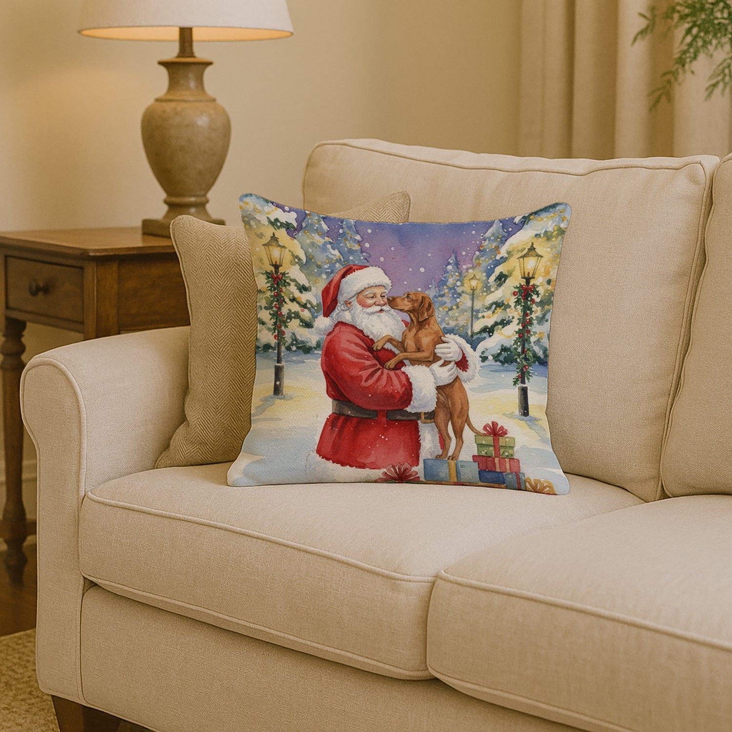 Vizsla with Santa Claus Decorative Throw Pillow 14x14 Indoor Outdoor Accent Cushion, Fabric Cover with Insert for Sofa, Bed, Porch & Living Room