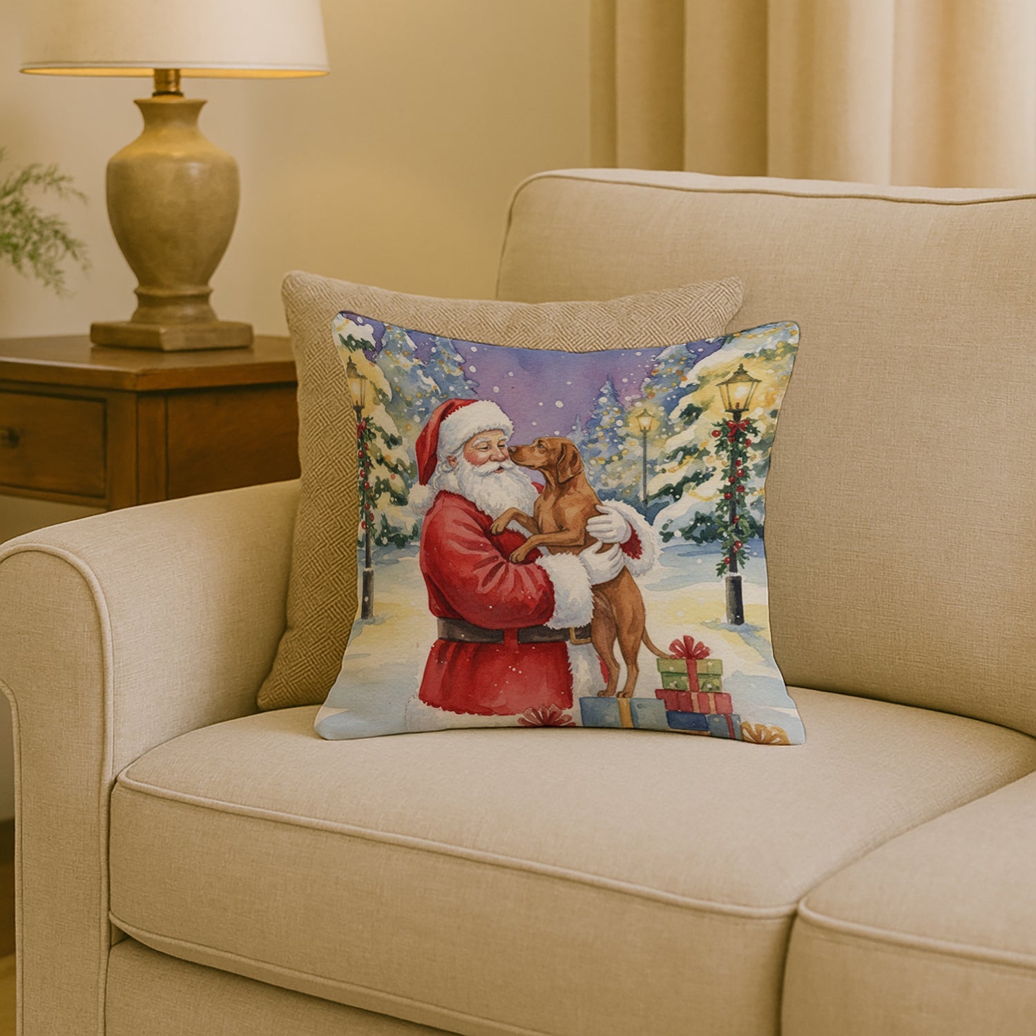 Vizsla with Santa Claus Decorative Throw Pillow 18x18 Indoor Outdoor Accent Cushion, Fabric Cover with Insert for Sofa, Bed, Porch & Living Room