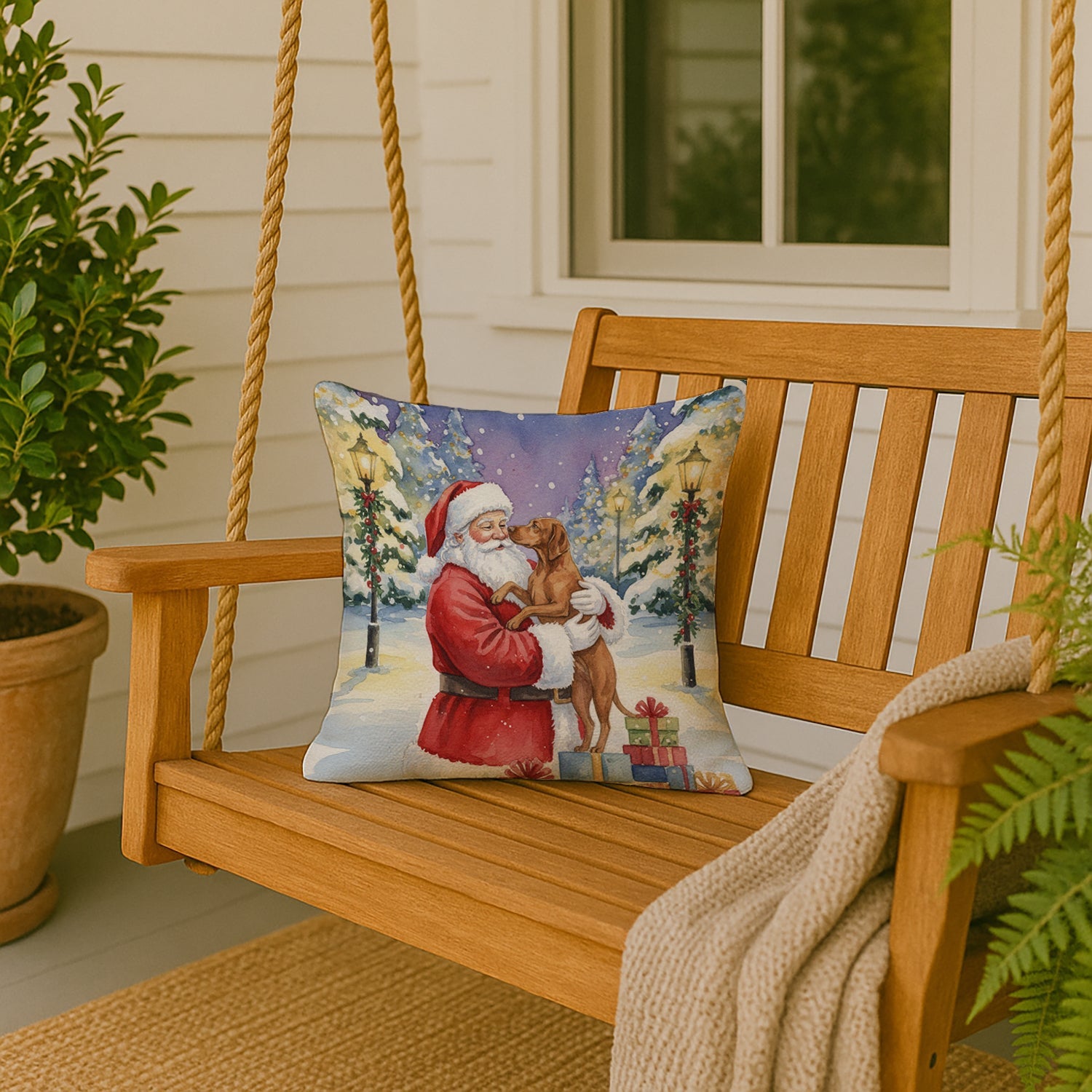 Vizsla with Santa Claus Decorative Throw Pillow 18x18 Indoor Outdoor Accent Cushion, Fabric Cover with Insert for Sofa, Bed, Porch & Living Room