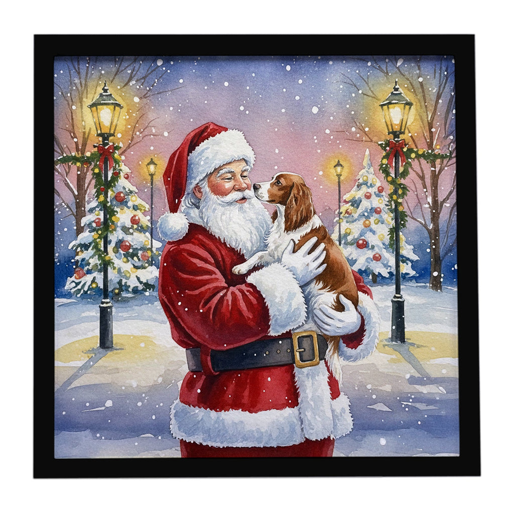 Welsh Springer Spaniel with Santa Claus Framed Metal Print Bathroom, Kitchen, Office, Home Decor Wall Art Ready to Hang, Square, 8X8