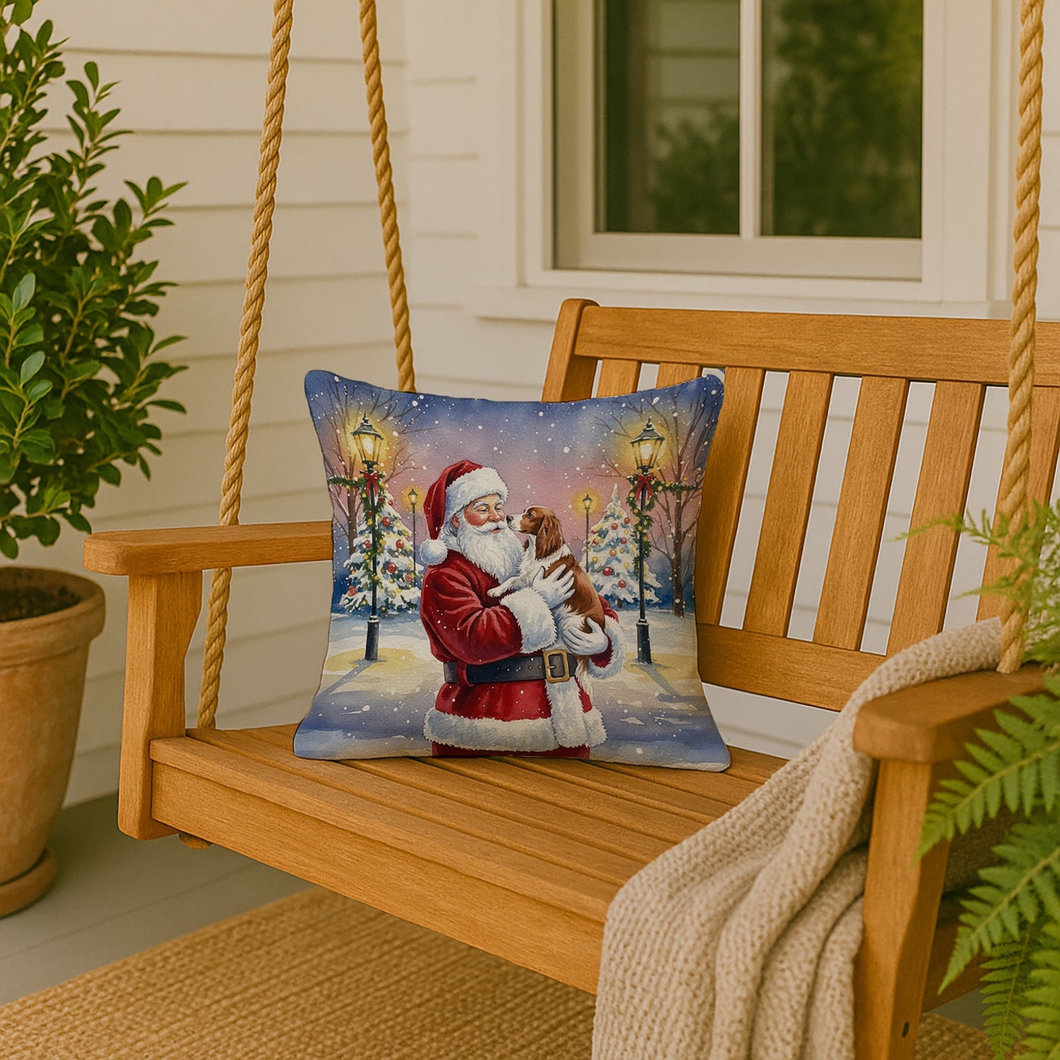 Welsh Springer Spaniel with Santa Claus Decorative Throw Pillow 18x18 Indoor Outdoor Accent Cushion, Fabric Cover with Insert for Sofa, Bed, Porch & Living Room