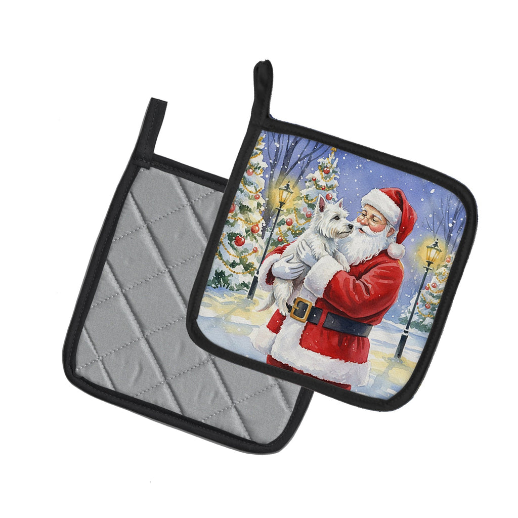 Westie with Santa Claus Pot Holder Set of 2 Heat Resistant Quilted Hot Pads 7.5 x 7.5 Inch, Insulated Kitchen Trivets for Cooking & Baking