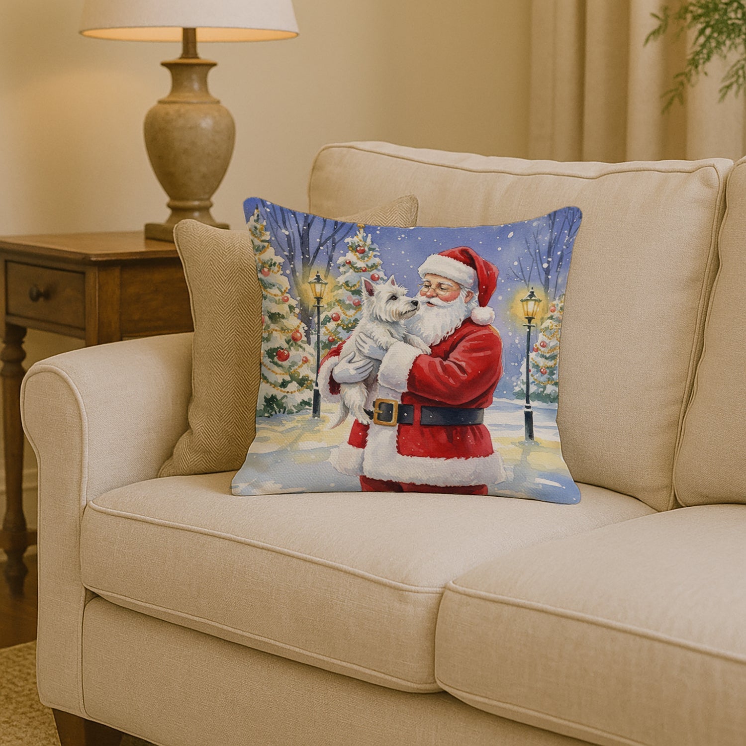 Westie with Santa Claus Decorative Throw Pillow 14x14 Indoor Outdoor Accent Cushion, Fabric Cover with Insert for Sofa, Bed, Porch & Living Room
