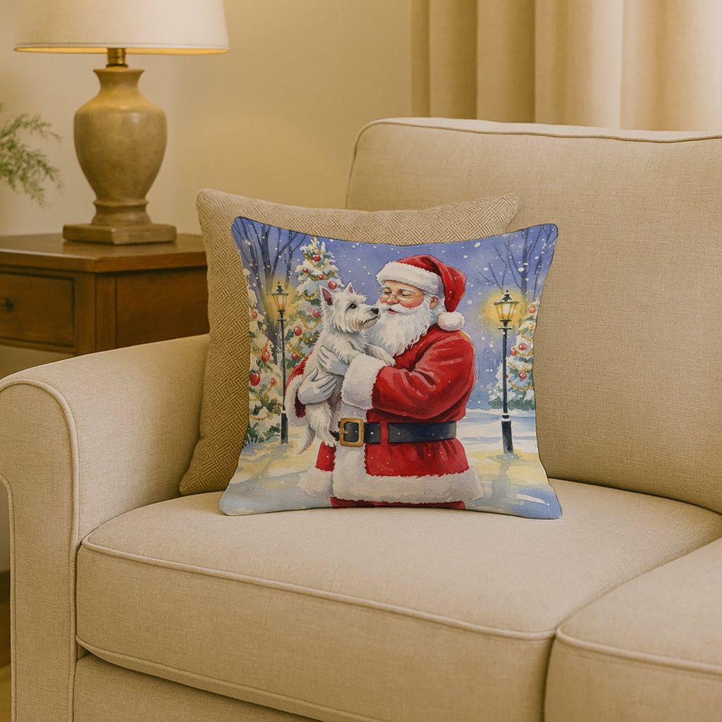 Westie with Santa Claus Decorative Throw Pillow 18x18 Indoor Outdoor Accent Cushion, Fabric Cover with Insert for Sofa, Bed, Porch & Living Room