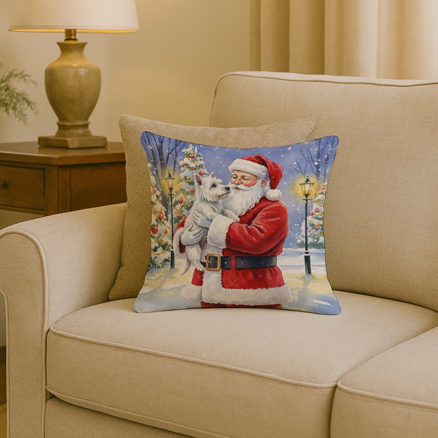 Westie with Santa Claus Decorative Throw Pillow 18x18 Indoor Outdoor Accent Cushion, Fabric Cover with Insert for Sofa, Bed, Porch & Living Room
