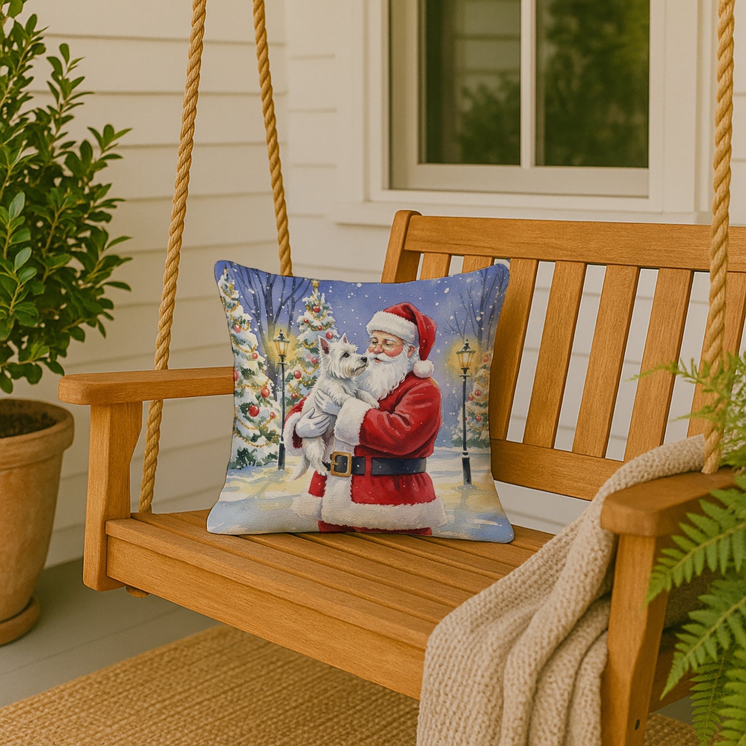 Westie with Santa Claus Decorative Throw Pillow 18x18 Indoor Outdoor Accent Cushion, Fabric Cover with Insert for Sofa, Bed, Porch & Living Room