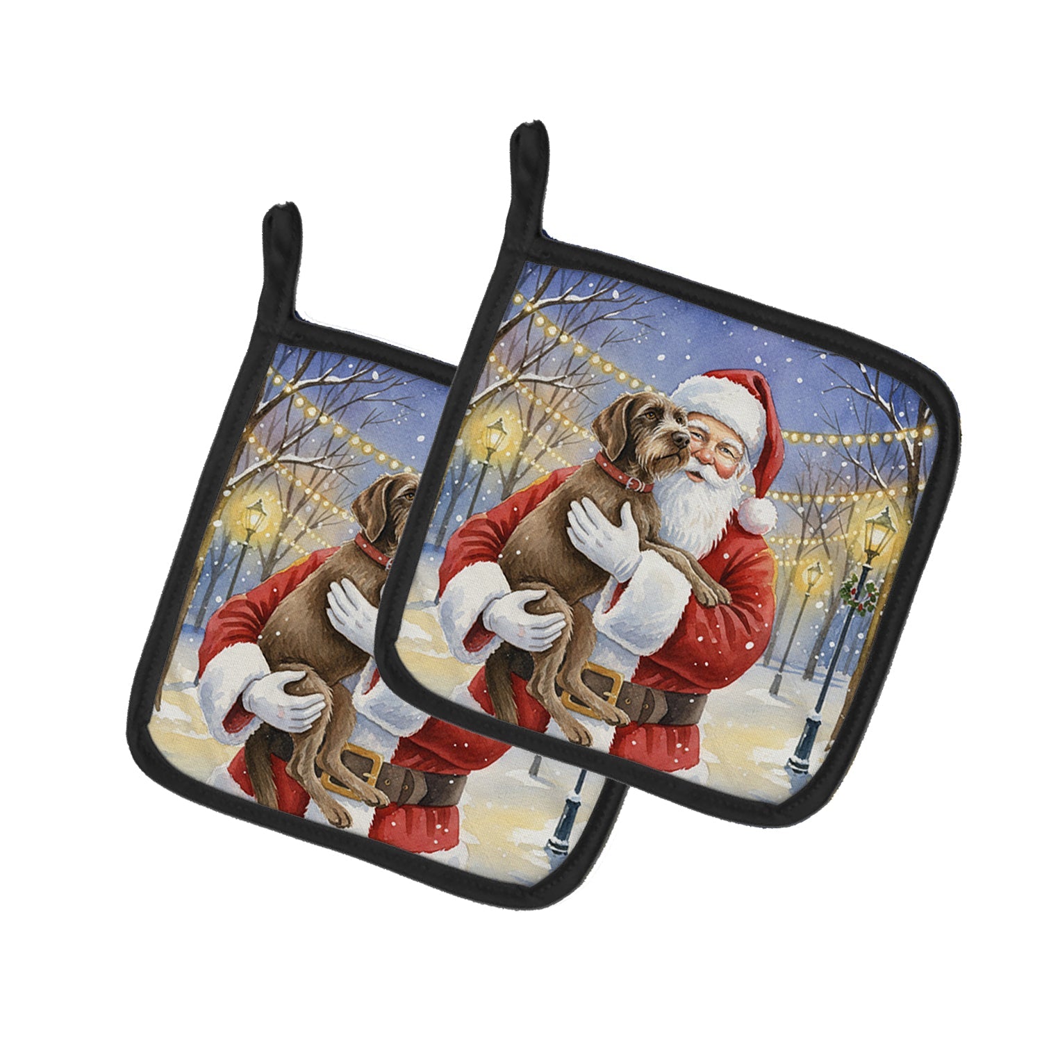 Wirehaired Pointing Griffon with Santa Claus Pot Holder Set of 2 Heat Resistant Quilted Hot Pads 7.5 x 7.5 Inch, Insulated Kitchen Trivets for Cooking & Baking