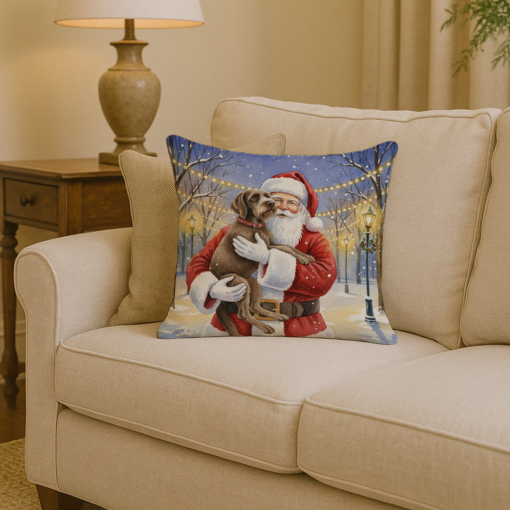 Wirehaired Pointing Griffon with Santa Claus Decorative Throw Pillow 14x14 Indoor Outdoor Accent Cushion, Fabric Cover with Insert for Sofa, Bed, Porch & Living Room