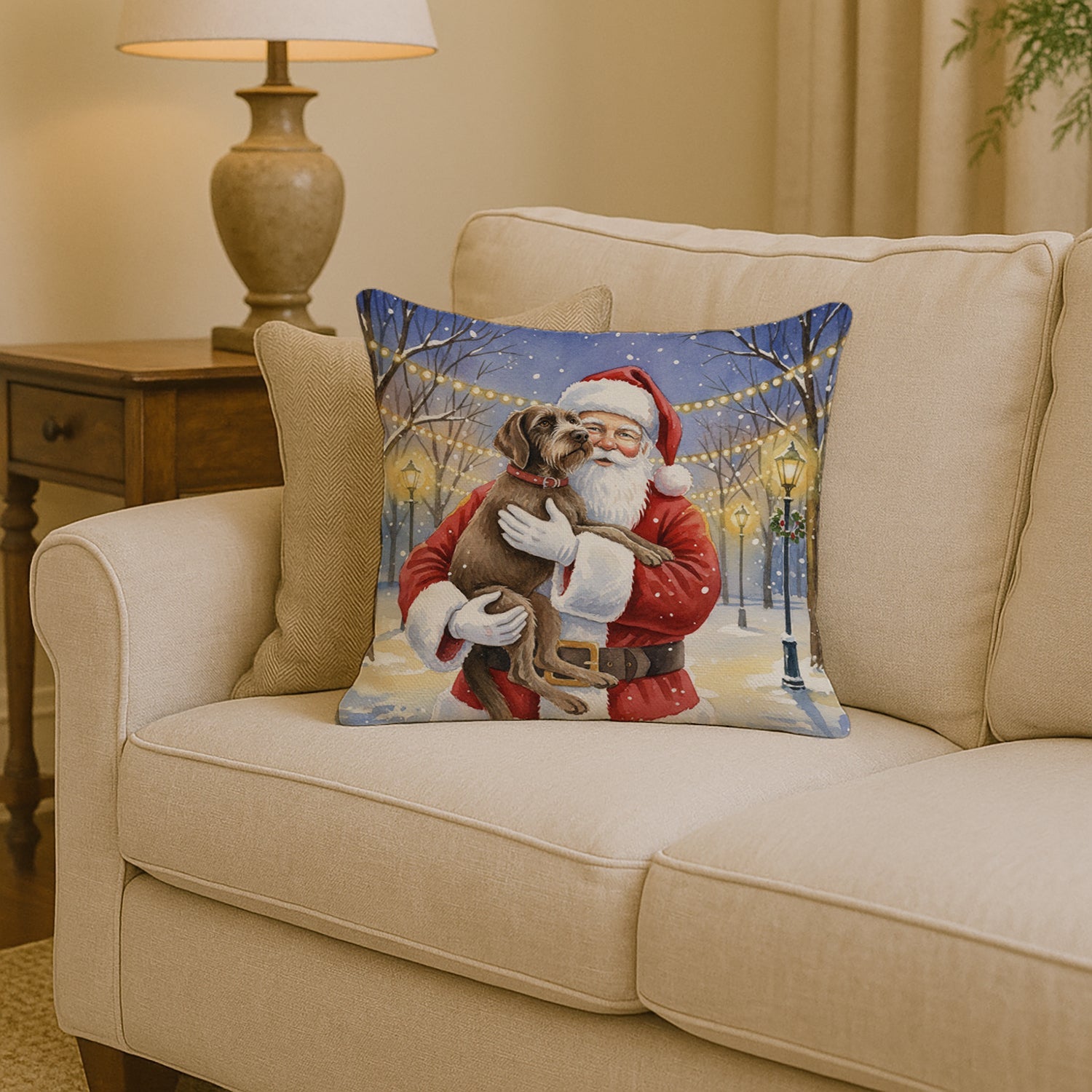 Wirehaired Pointing Griffon with Santa Claus Decorative Throw Pillow 14x14 Indoor Outdoor Accent Cushion, Fabric Cover with Insert for Sofa, Bed, Porch & Living Room