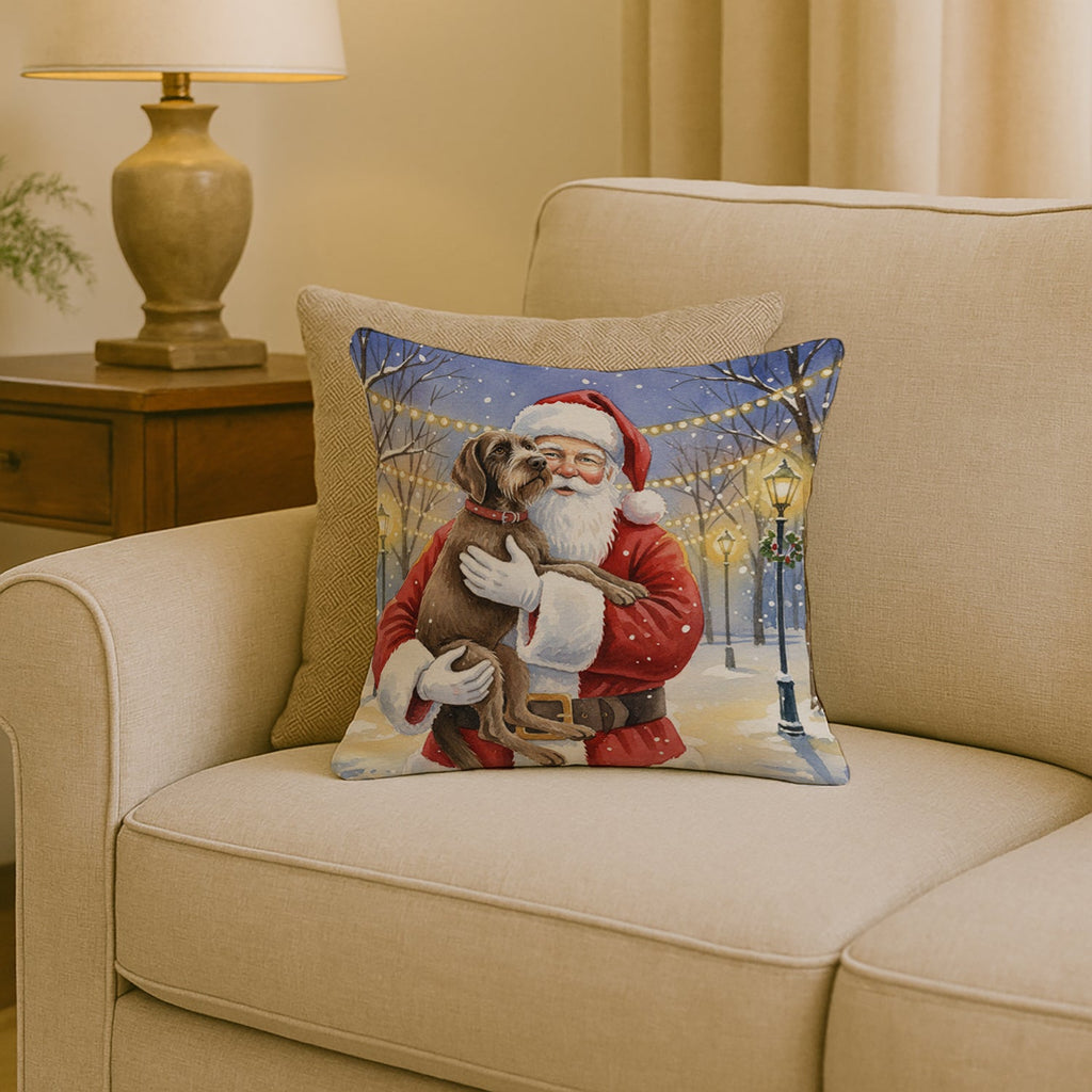 Wirehaired Pointing Griffon with Santa Claus Decorative Throw Pillow 18x18 Indoor Outdoor Accent Cushion, Fabric Cover with Insert for Sofa, Bed, Porch & Living Room