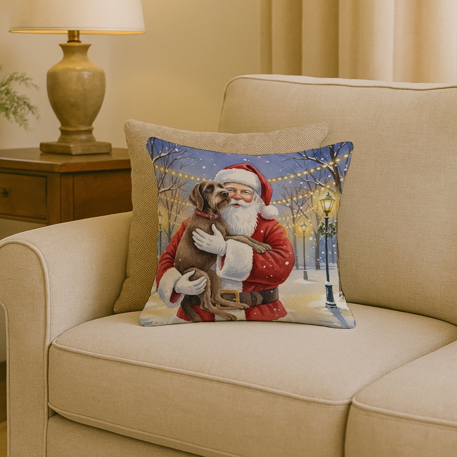 Wirehaired Pointing Griffon with Santa Claus Decorative Throw Pillow 18x18 Indoor Outdoor Accent Cushion, Fabric Cover with Insert for Sofa, Bed, Porch & Living Room