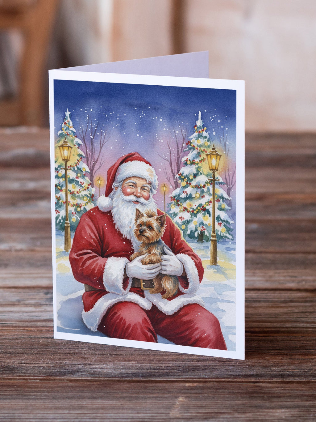 Yorkshire Terrier with Santa Claus Greeting Cards Pack of 8 Blank Cards with Envelopes Whimsical A7 Size 5x7