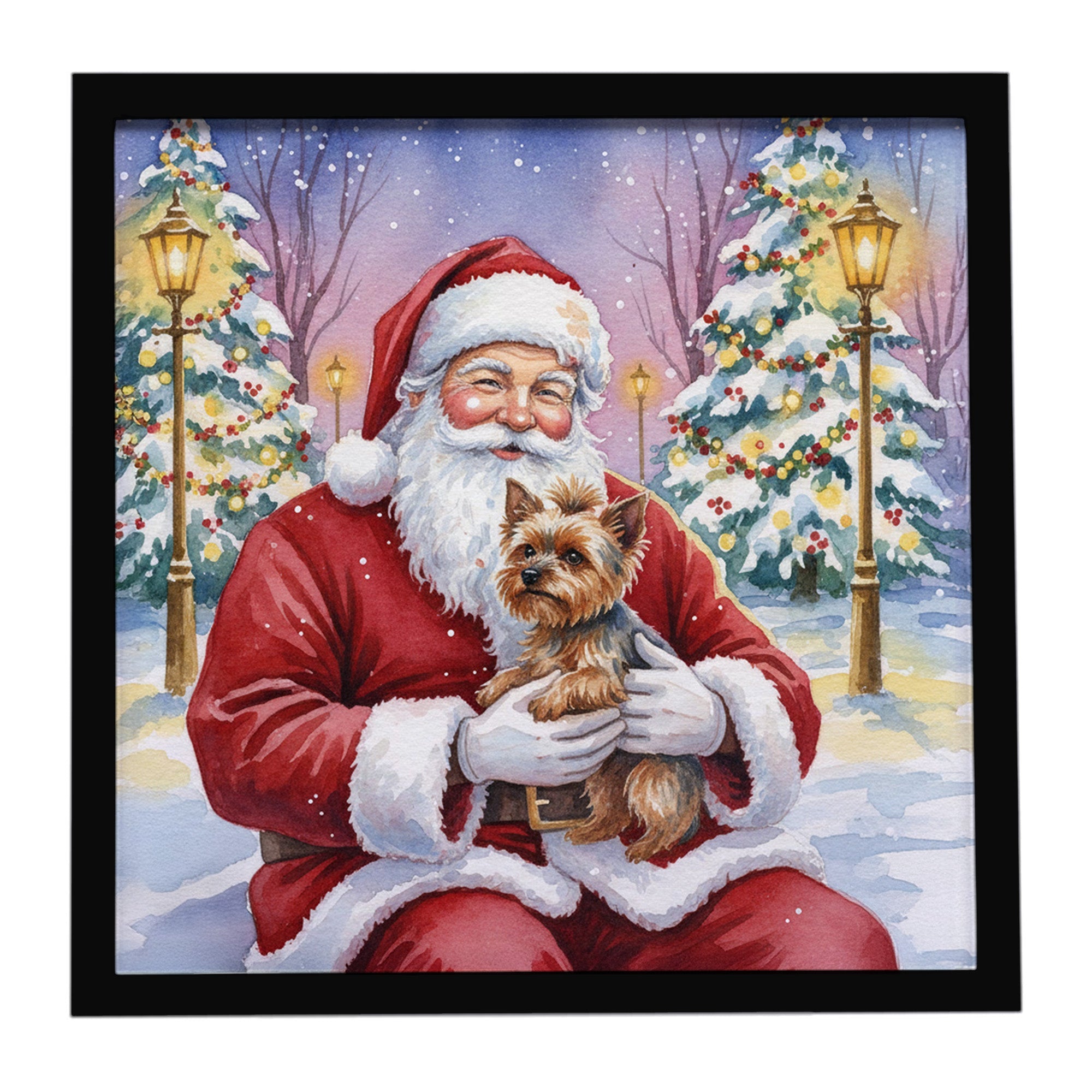 Yorkshire Terrier with Santa Claus Framed Metal Print Bathroom, Kitchen, Office, Home Decor Wall Art Ready to Hang, Square, 8X8