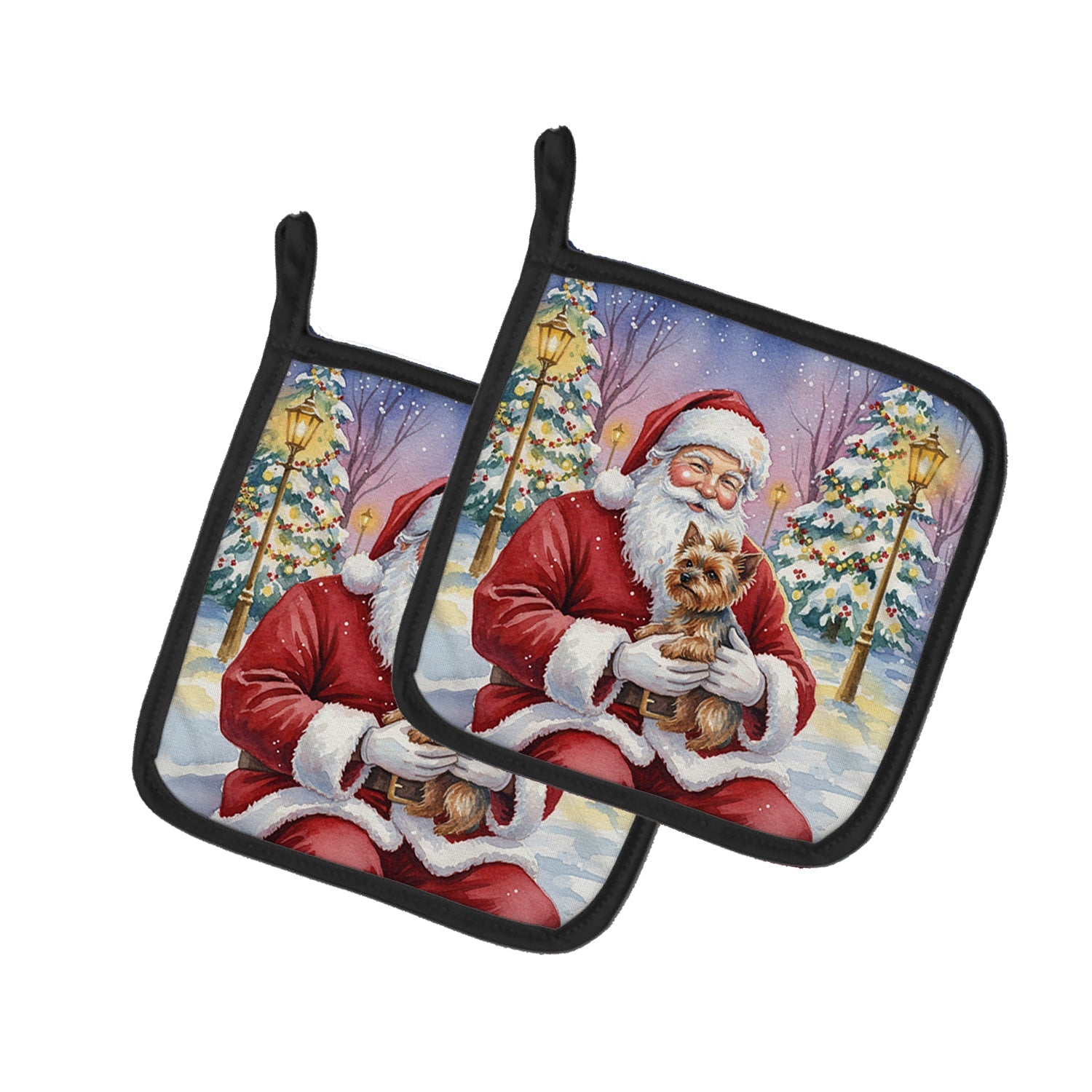 Yorkshire Terrier with Santa Claus Pot Holder Set of 2 Heat Resistant Quilted Hot Pads 7.5 x 7.5 Inch, Insulated Kitchen Trivets for Cooking & Baking