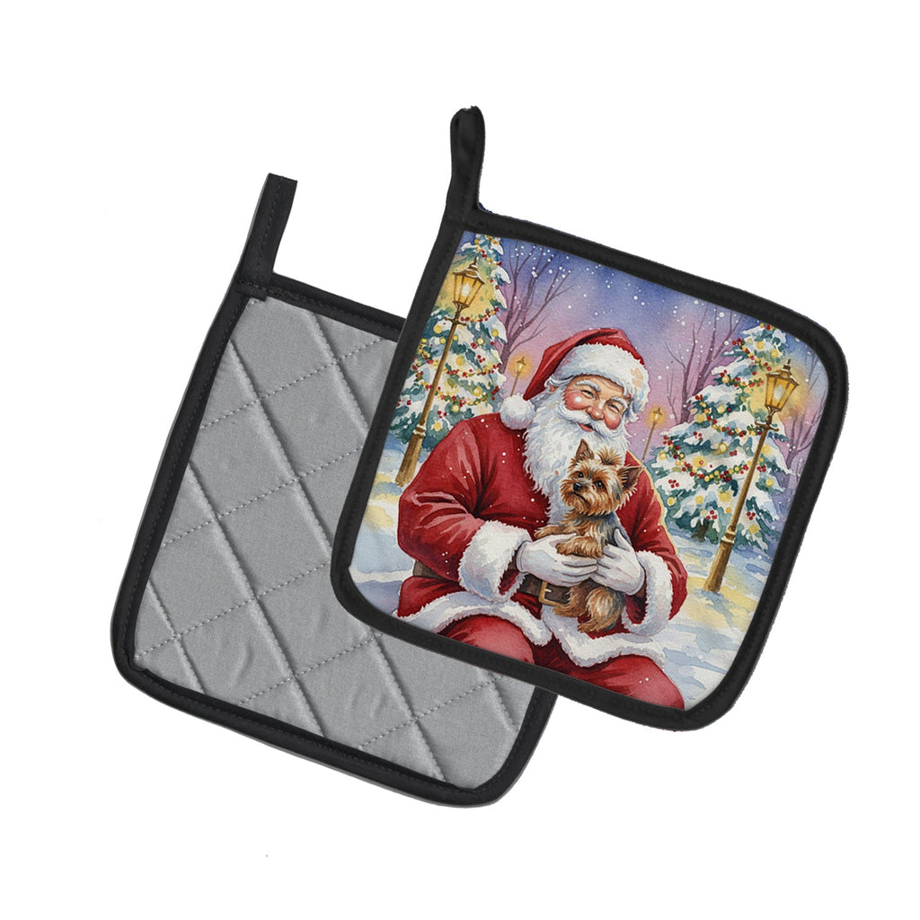 Yorkshire Terrier with Santa Claus Pot Holder Set of 2 Heat Resistant Quilted Hot Pads 7.5 x 7.5 Inch, Insulated Kitchen Trivets for Cooking & Baking