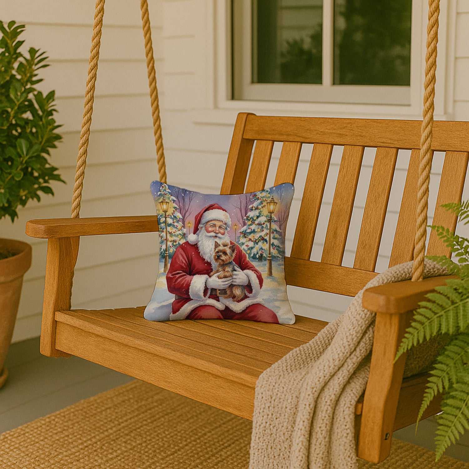 Yorkshire Terrier with Santa Claus Decorative Throw Pillow 14x14 Indoor Outdoor Accent Cushion, Fabric Cover with Insert for Sofa, Bed, Porch & Living Room