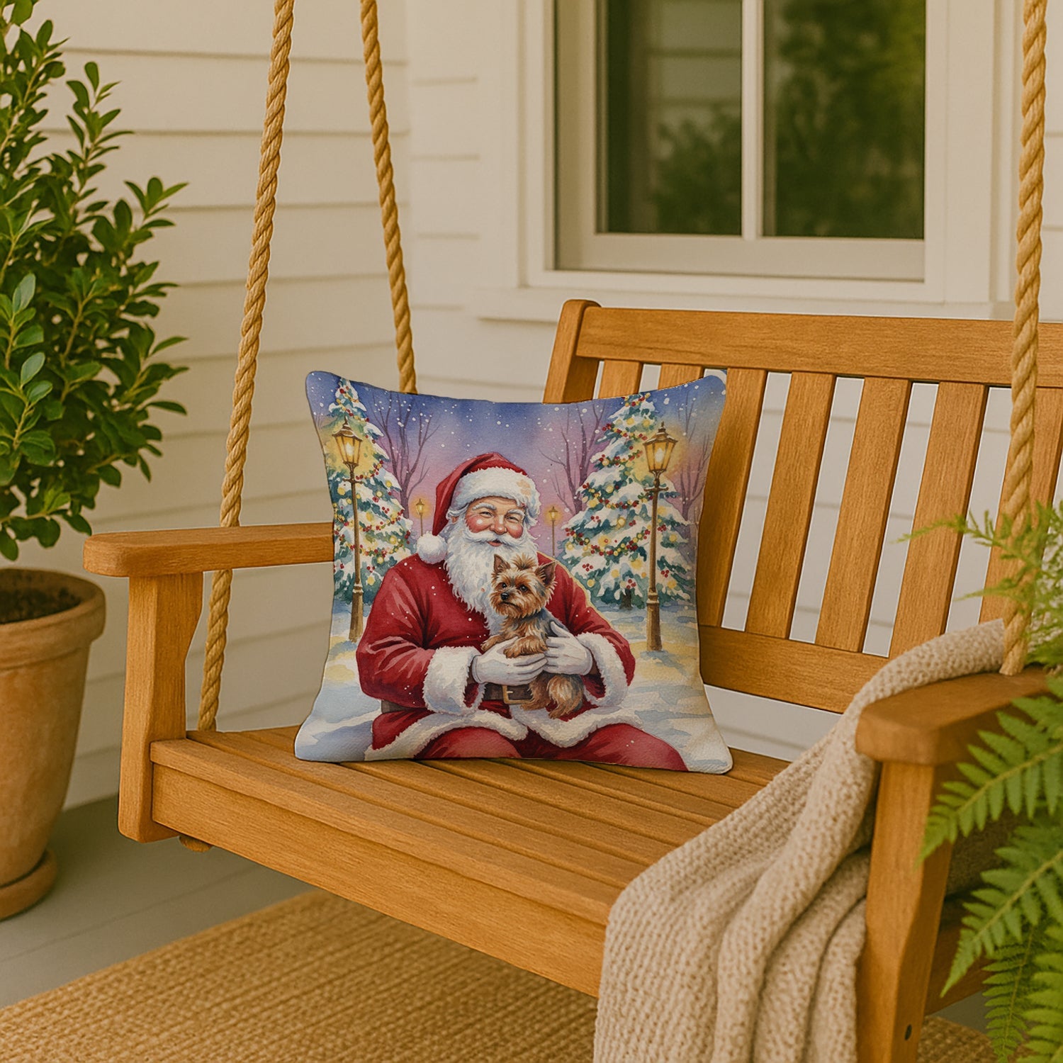 Yorkshire Terrier with Santa Claus Decorative Throw Pillow 18x18 Indoor Outdoor Accent Cushion, Fabric Cover with Insert for Sofa, Bed, Porch & Living Room