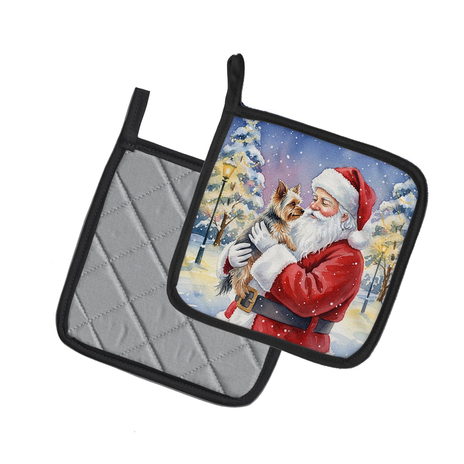 Yorkie with Santa Claus Pot Holder Set of 2 Heat Resistant Quilted Hot Pads 7.5 x 7.5 Inch, Insulated Kitchen Trivets for Cooking & Baking