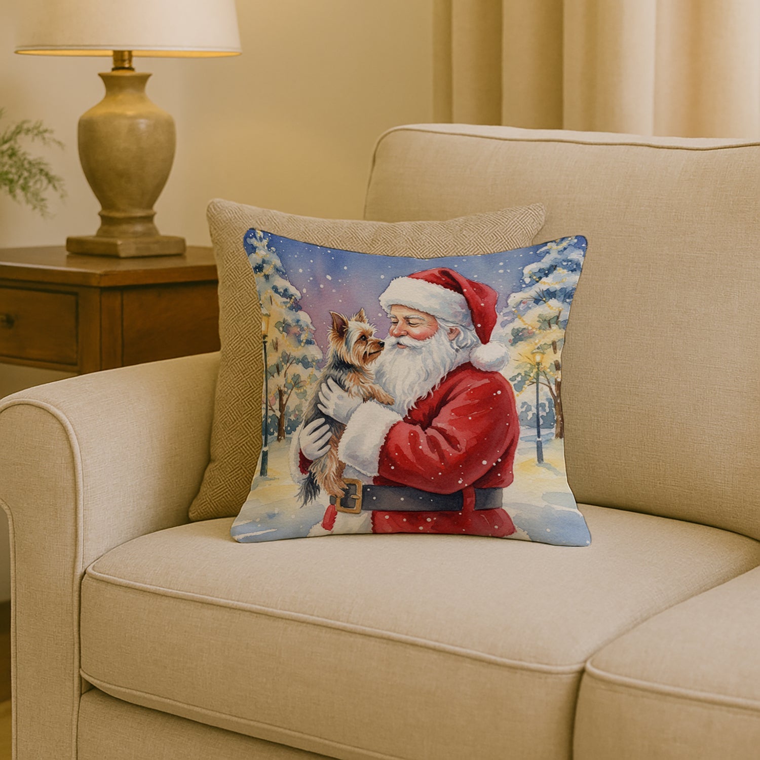 Yorkie with Santa Claus Decorative Throw Pillow 18x18 Indoor Outdoor Accent Cushion, Fabric Cover with Insert for Sofa, Bed, Porch & Living Room
