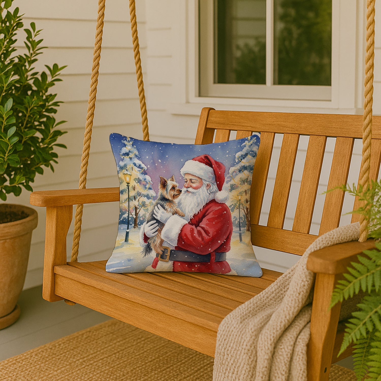 Yorkie with Santa Claus Decorative Throw Pillow 18x18 Indoor Outdoor Accent Cushion, Fabric Cover with Insert for Sofa, Bed, Porch & Living Room