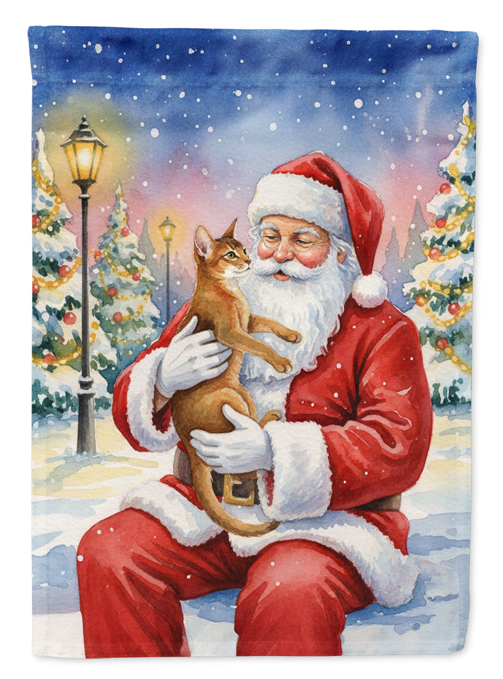 Abyssinian Cat with Santa Claus House Flag 28x40 Porch Sleeve Pole Decorative Outside Yard Banner Artwork Wall Hanging, Polyester