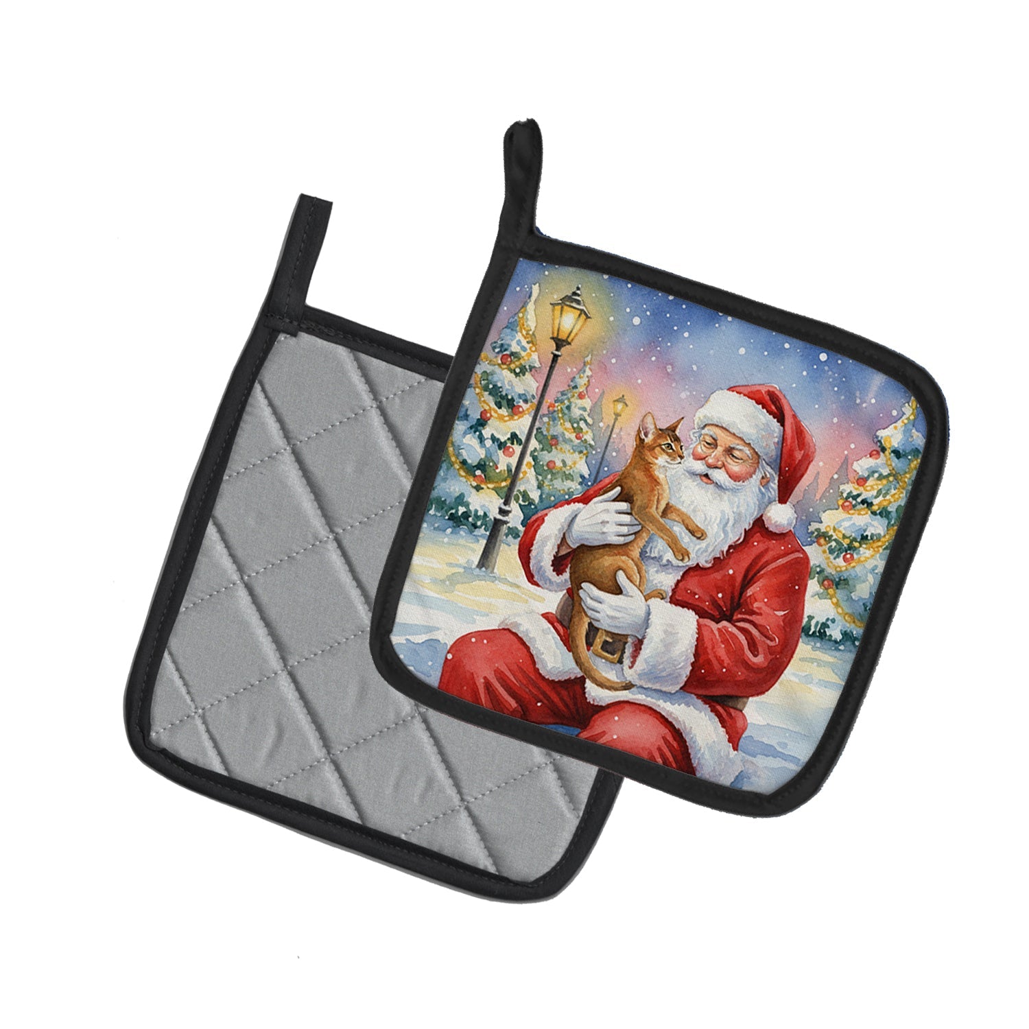 Abyssinian Cat with Santa Claus Pot Holder Set of 2 Heat Resistant Quilted Hot Pads 7.5 x 7.5 Inch, Insulated Kitchen Trivets for Cooking & Baking