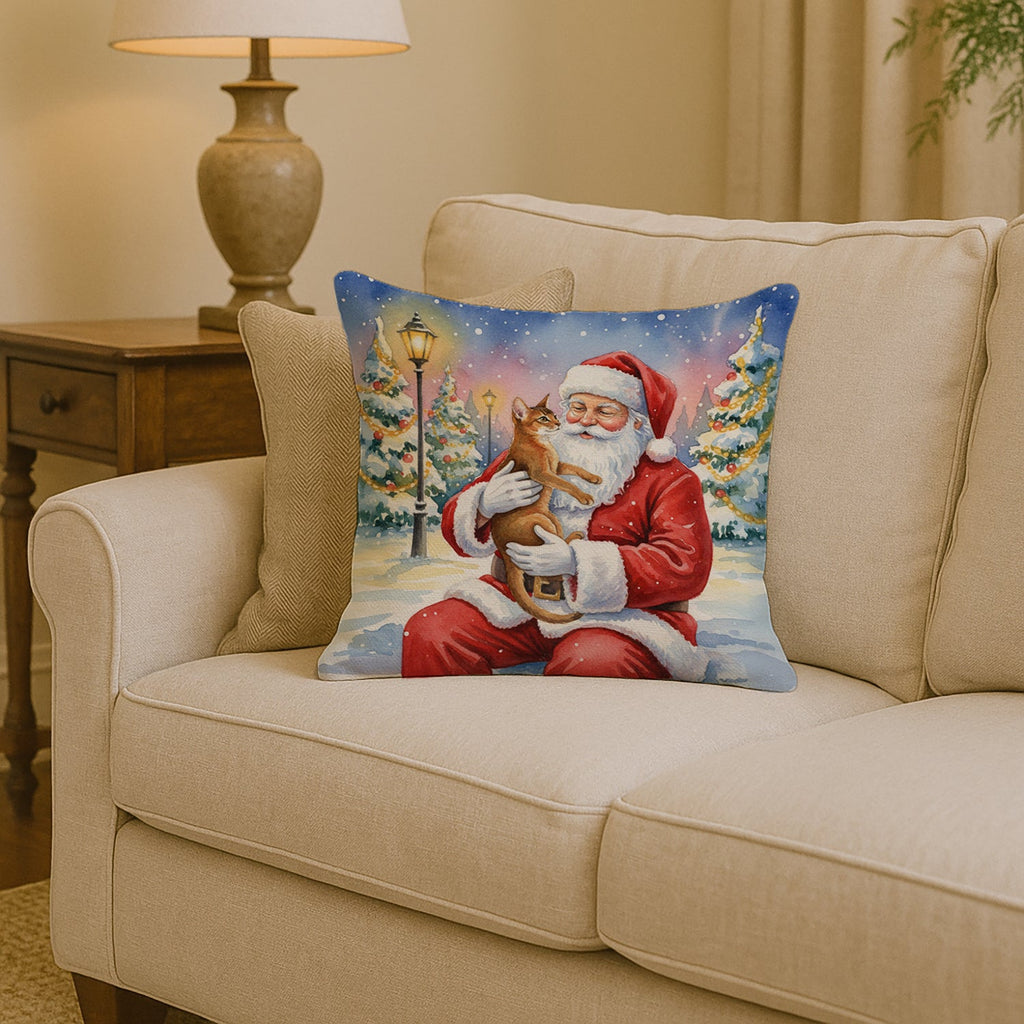 Abyssinian Cat with Santa Claus Decorative Throw Pillow 14x14 Indoor Outdoor Accent Cushion, Fabric Cover with Insert for Sofa, Bed, Porch & Living Room