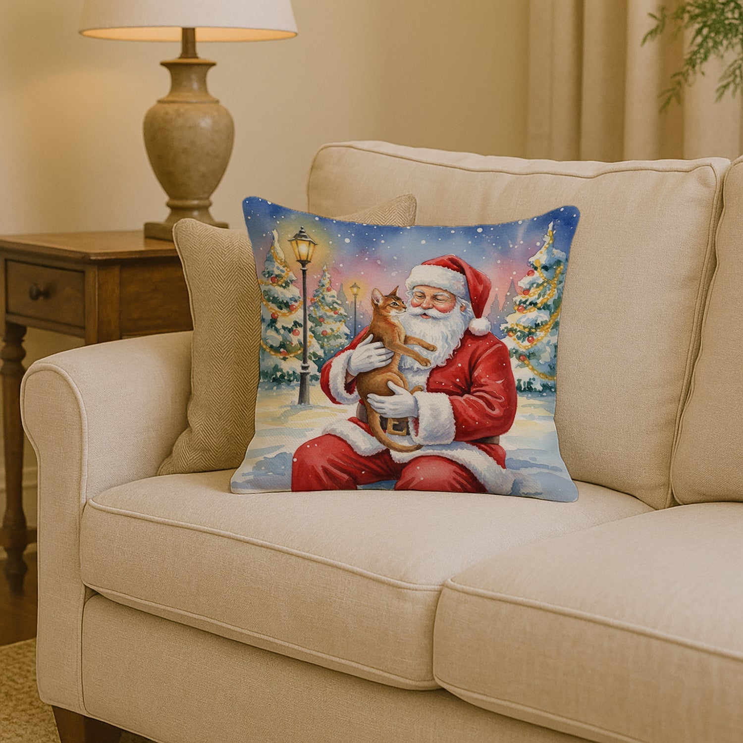 Abyssinian Cat with Santa Claus Decorative Throw Pillow 14x14 Indoor Outdoor Accent Cushion, Fabric Cover with Insert for Sofa, Bed, Porch & Living Room