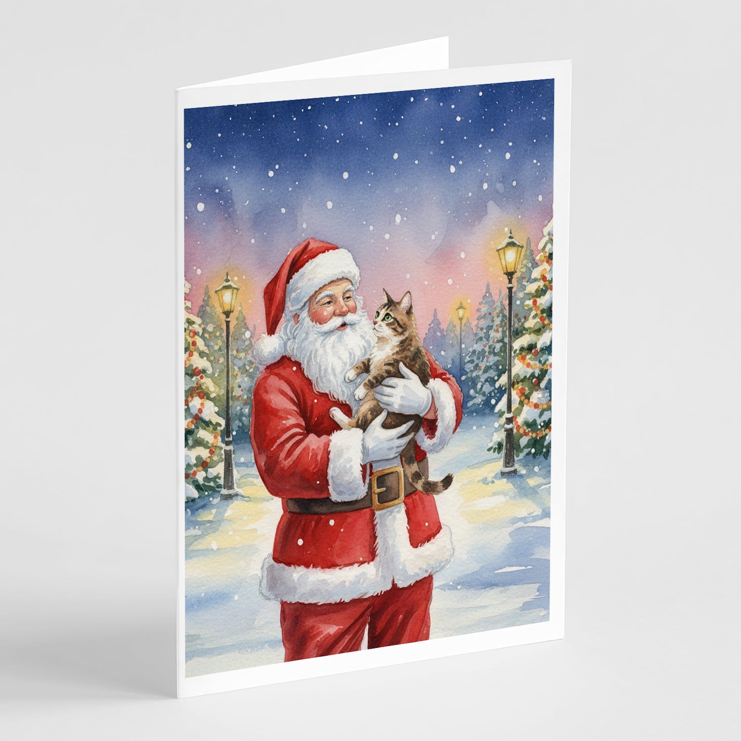 American Bobtail Cat with Santa Claus Greeting Cards Pack of 8 Blank Cards with Envelopes Whimsical A7 Size 5x7