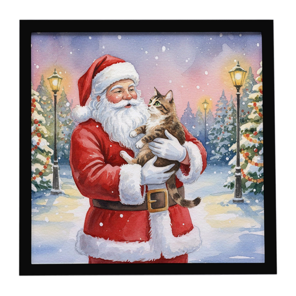 American Bobtail Cat with Santa Claus Framed Metal Print Bathroom, Kitchen, Office, Home Decor Wall Art Ready to Hang, Square, 8X8